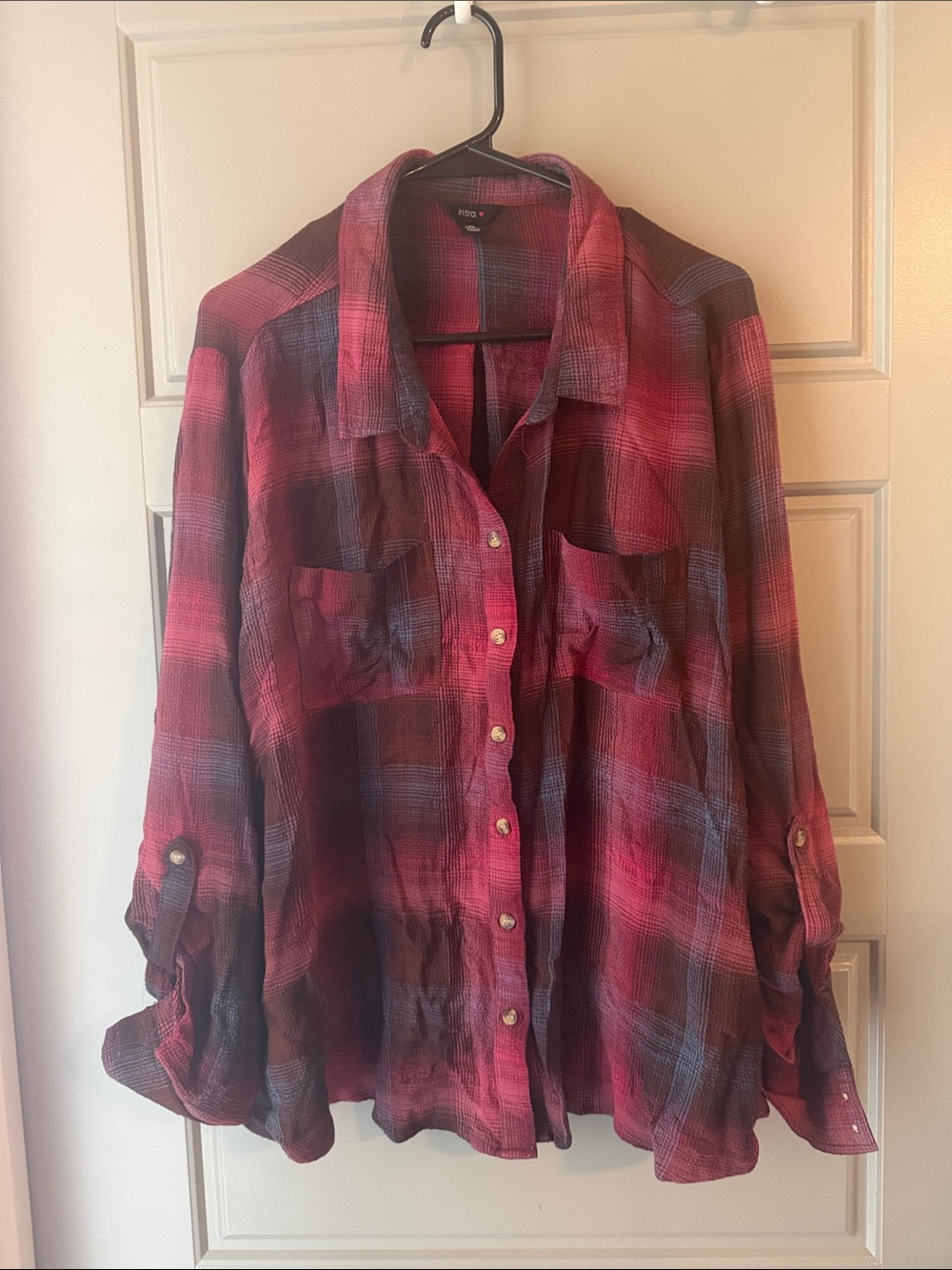 NWOT Intro. Pink and Blue Plaid Button-Down Shirt